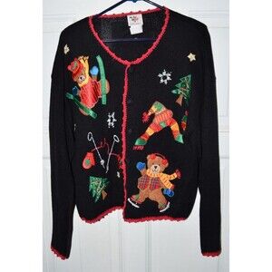 Vtg‎ Nut Cracker Teddy Bear Christmas Tree Button Up Cardigan Sweater Women XL